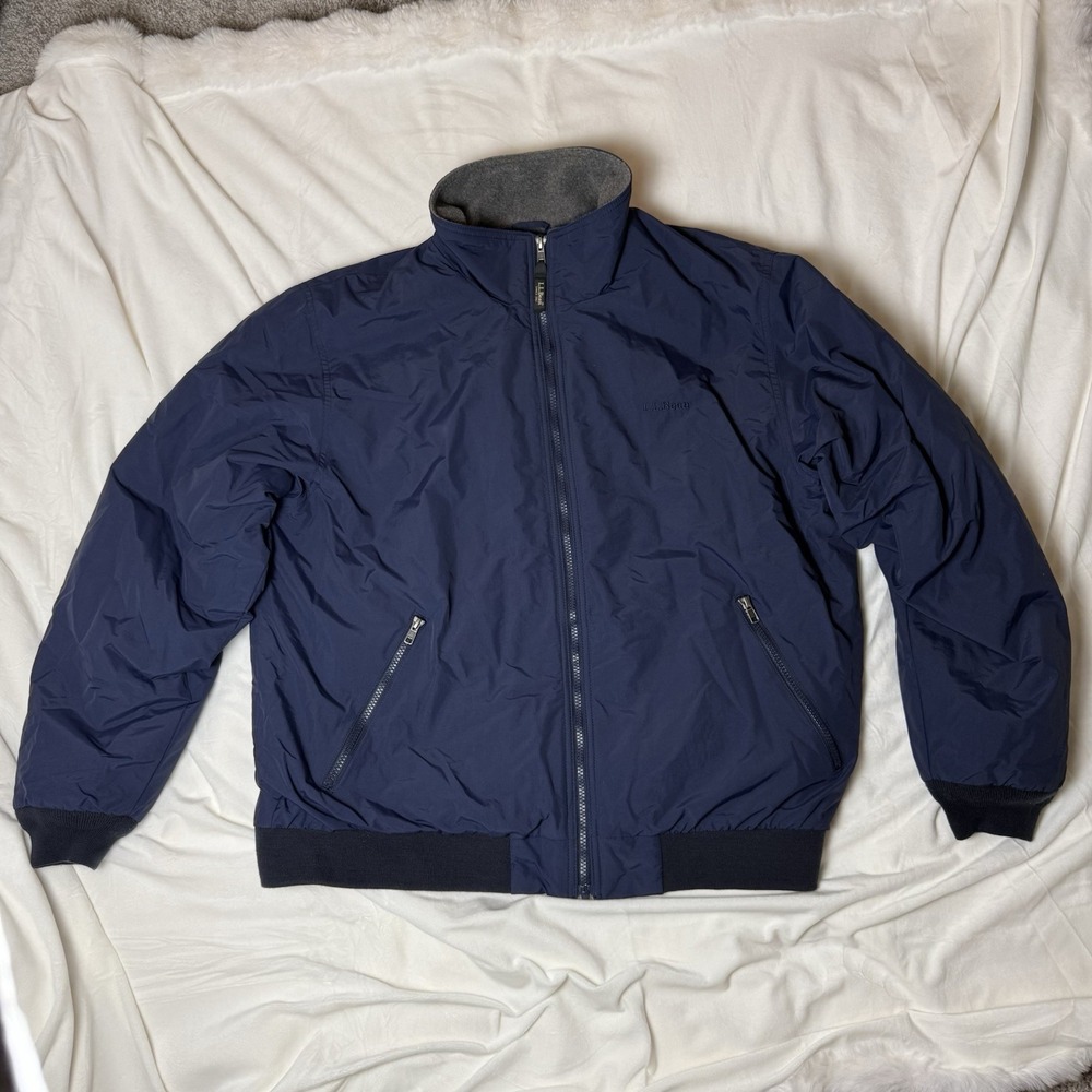 LL Bean Mens XL Reg Fleece Lined Warm Up Jacket Navy Blue Nylon Bomber